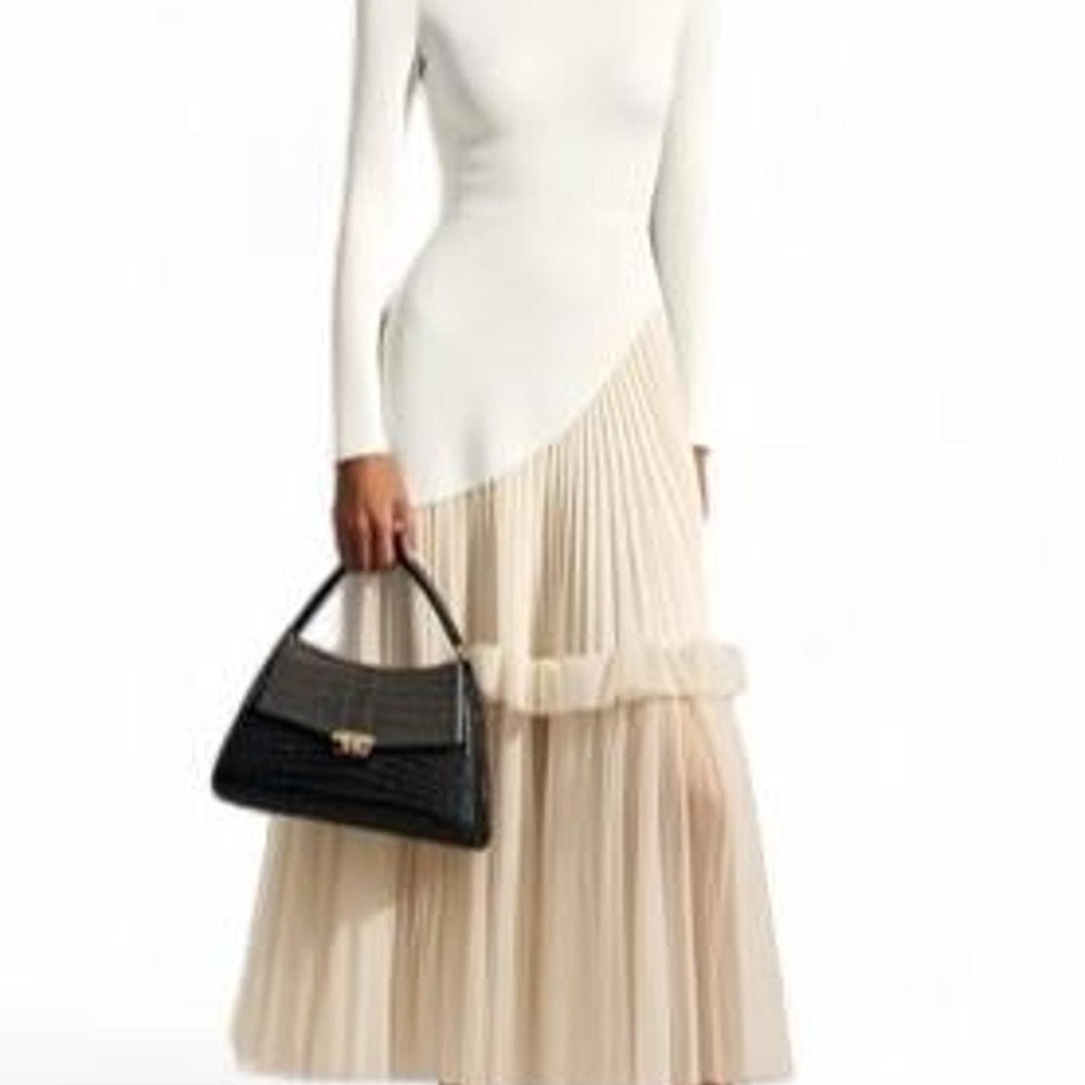 UOOZEE Women's A-Line Irregular Clipping Slim-fit Mesh Pleated Ribbed Knit Dress
